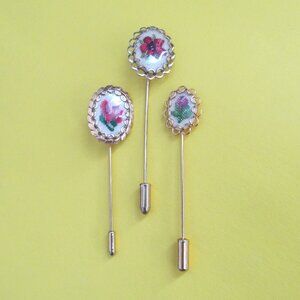 Vintage embroidered stick pin lot Petit point 3 pcs gold tone